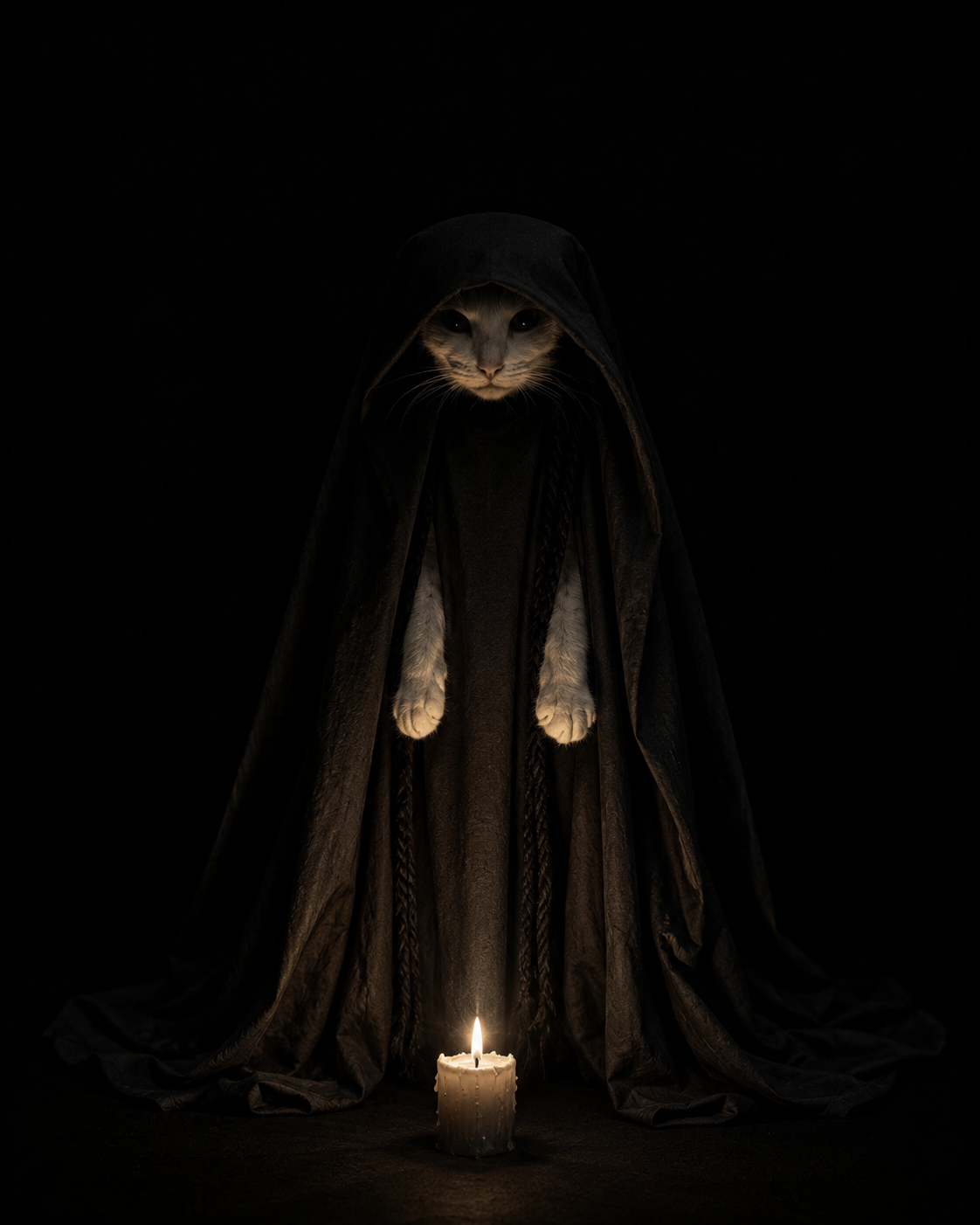A hooded cat sitting behind a single candle in the dark